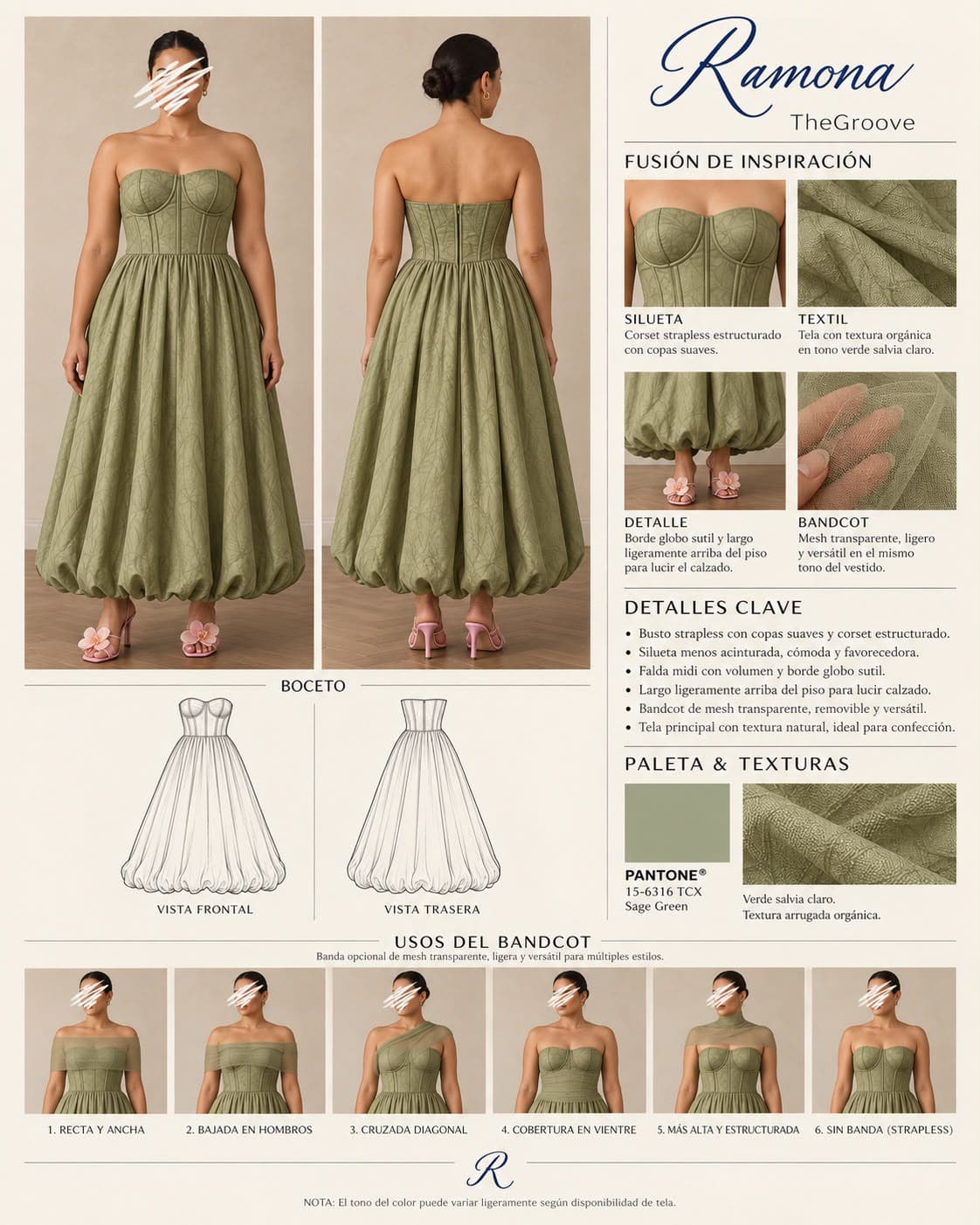 Ficha técnica del vestido: silueta, textil, detalles, boceto y paleta